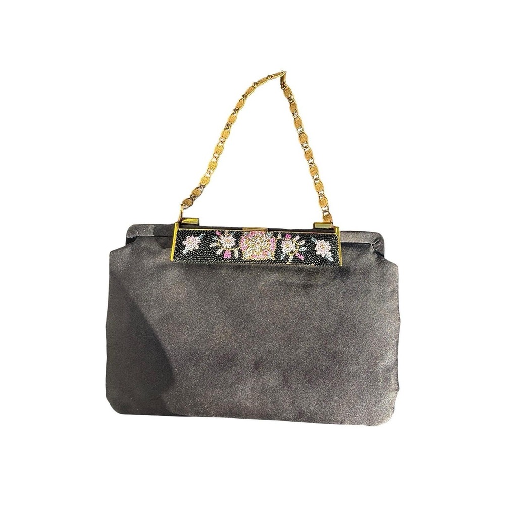 Berger Bags Evening Clutch Women Small Black Excellent Beaded Floral Satin Gold